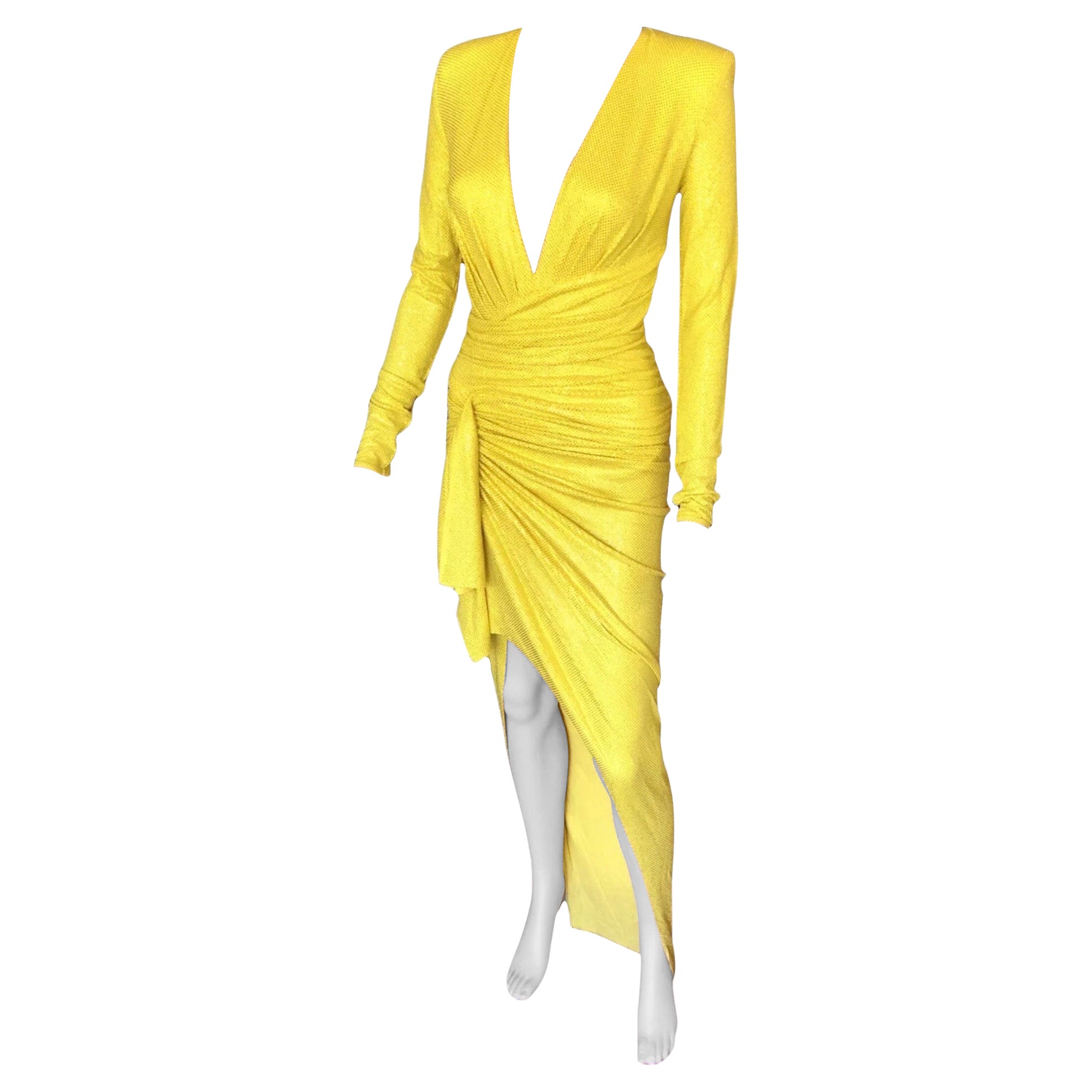 Alexandre Vauthier Crystal Embellished Plunging Yellow Evening Dress Gown