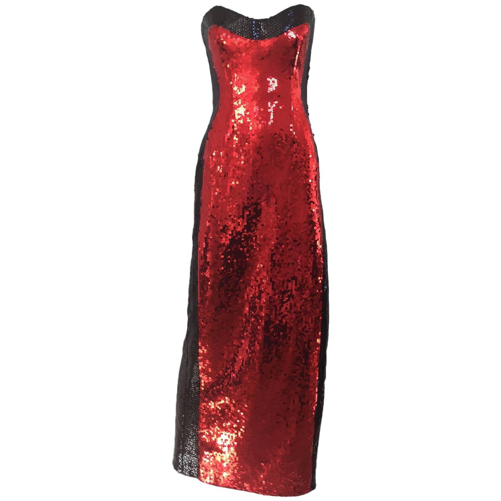 90s BILL BLASS red and black sequin strapless gown