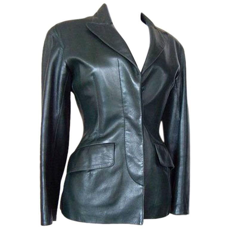 Azzedine Alaia Jacket Vintage Shaped Dark Bottle Green Leather 38 For ...