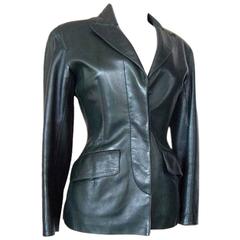 AZZEDINE ALAIA Jacket Vintage Shaped Dark Bottle Green Leather 38 8