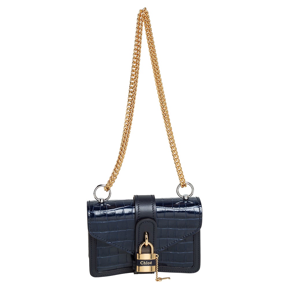 CHLOÉ Mini Aby Chain Crocodile-Effect Shoulder Bag in Navy [ReSale