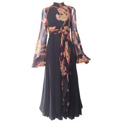 1970s CARDINALI Black and Orange Tie dye Silk Chiffon Maxi Dress