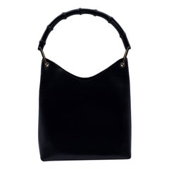 Gucci Black Smooth Leather Bamboo Tote Handbag Satchel