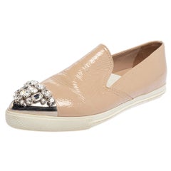 Used Miu Miu Beige Patent Embellished Cap Toe Slip On Sneakers Size 38