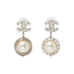 Chanel CC Baguette Crystal Faux Pearl Silver Tone Drop Earrings