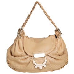 Versace Beige Perforated Leather Logo Buckle Flap Chain Hobo
