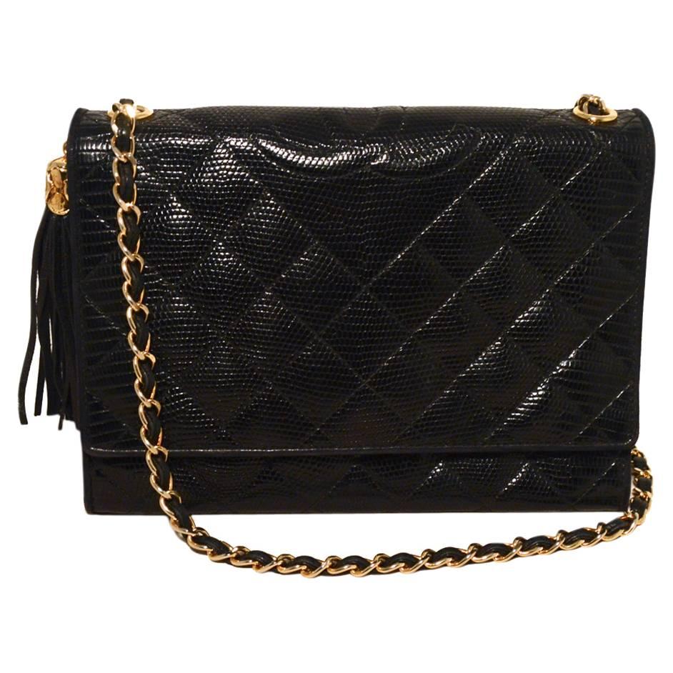 Chanel Vintage Black Lizard Leather Side Tassel Shoulder Bag 