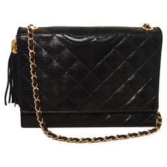 Chanel Vintage Black Lizard Leather Side Tassel Shoulder Bag 