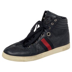 Gucci Blue Guccissima Leather Web Detail High Top Sneakers Size 42.5