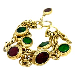 CHANEL Vintage Triple Row Bracelet in Gilt Metal and Colored Molten Glass