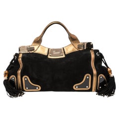 Gucci Black/Gold Suede And Leather Race Top Handle Bag