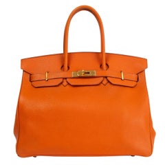 HERMES orange Clemence leather BIRKIN 35 Tote Bag Gold