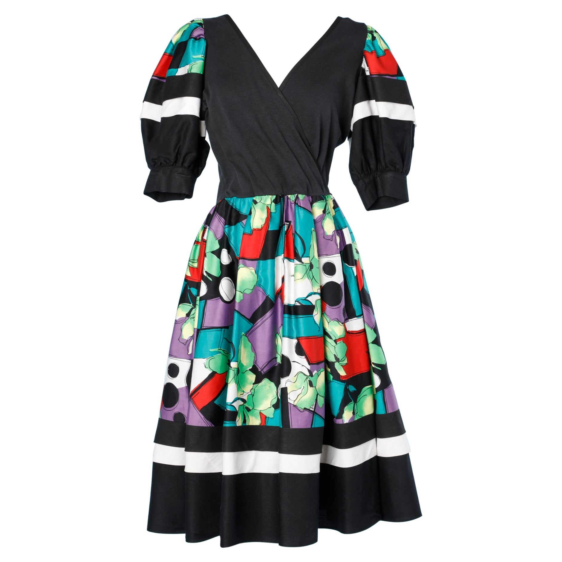 Wrap dress in black cotton jersey and flower printed skirt Jacqueline Lechat  For Sale