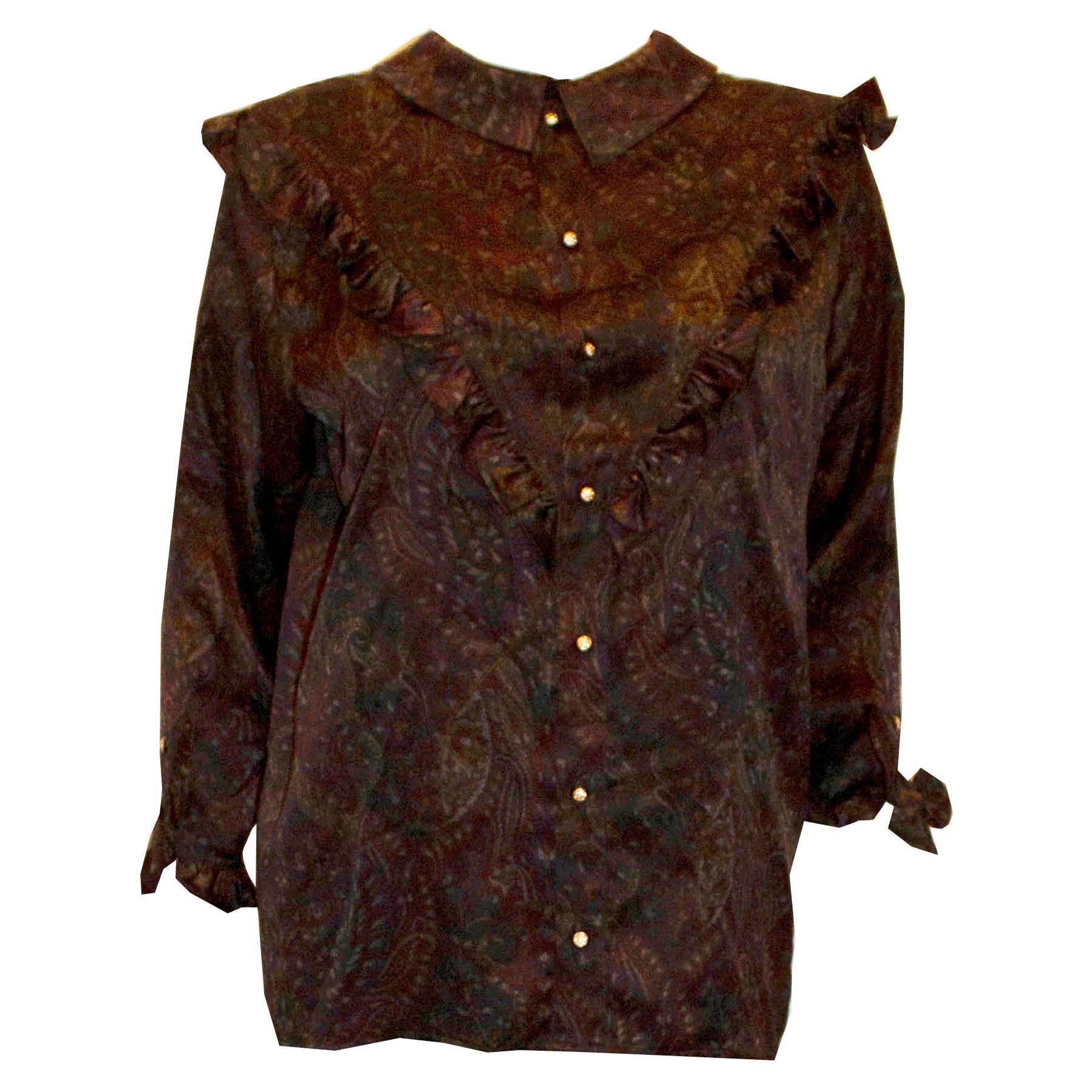 Vintage Paisley Print Silk Shirt with Interesting Collar and Frill Detail For Sale