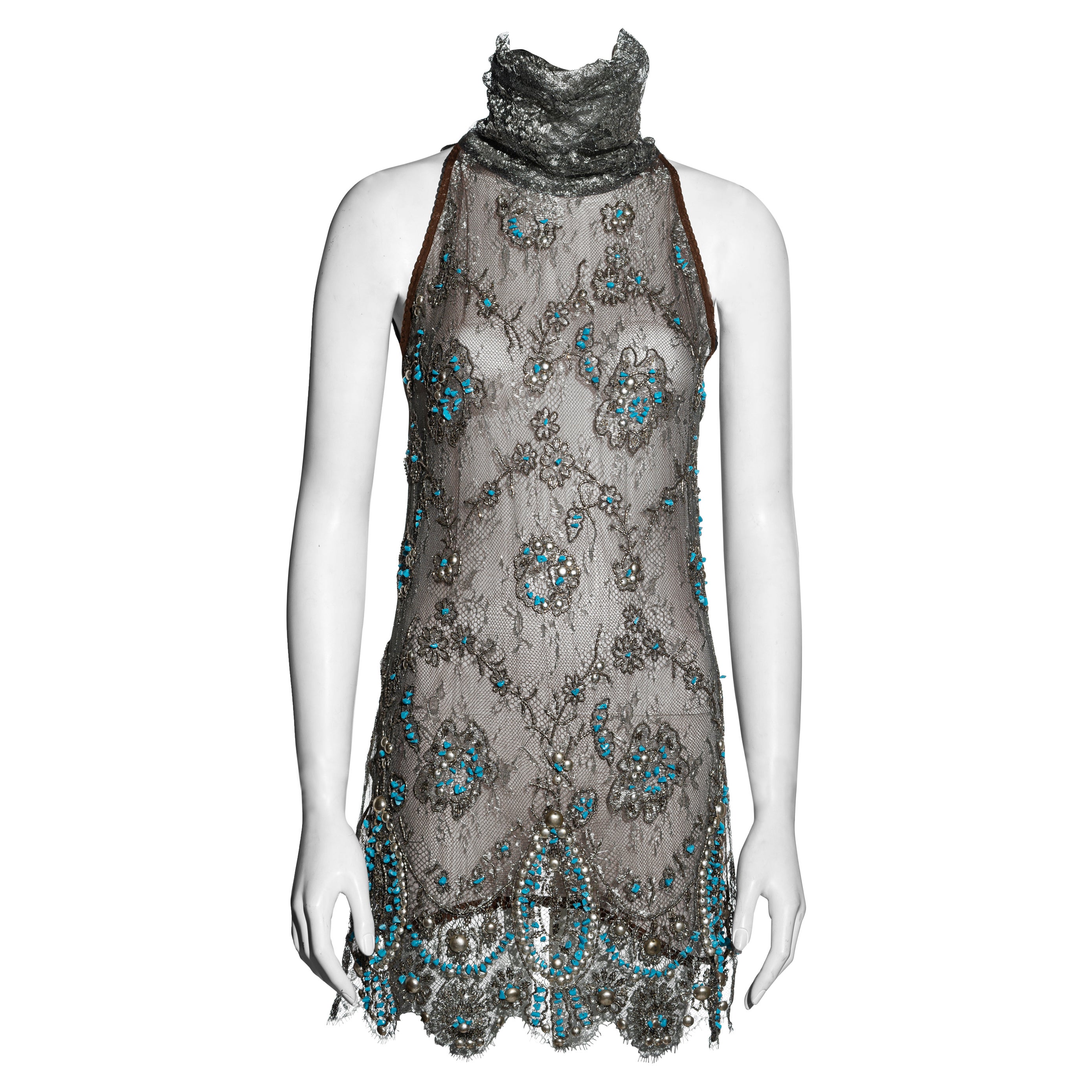 Gianfranco Ferre silver lamé lace embellished mini dress, ss 2006 For Sale