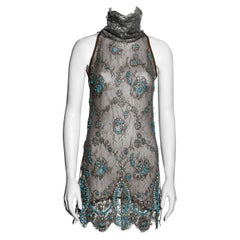 Used Gianfranco Ferre silver lamé lace embellished mini dress, ss 2006