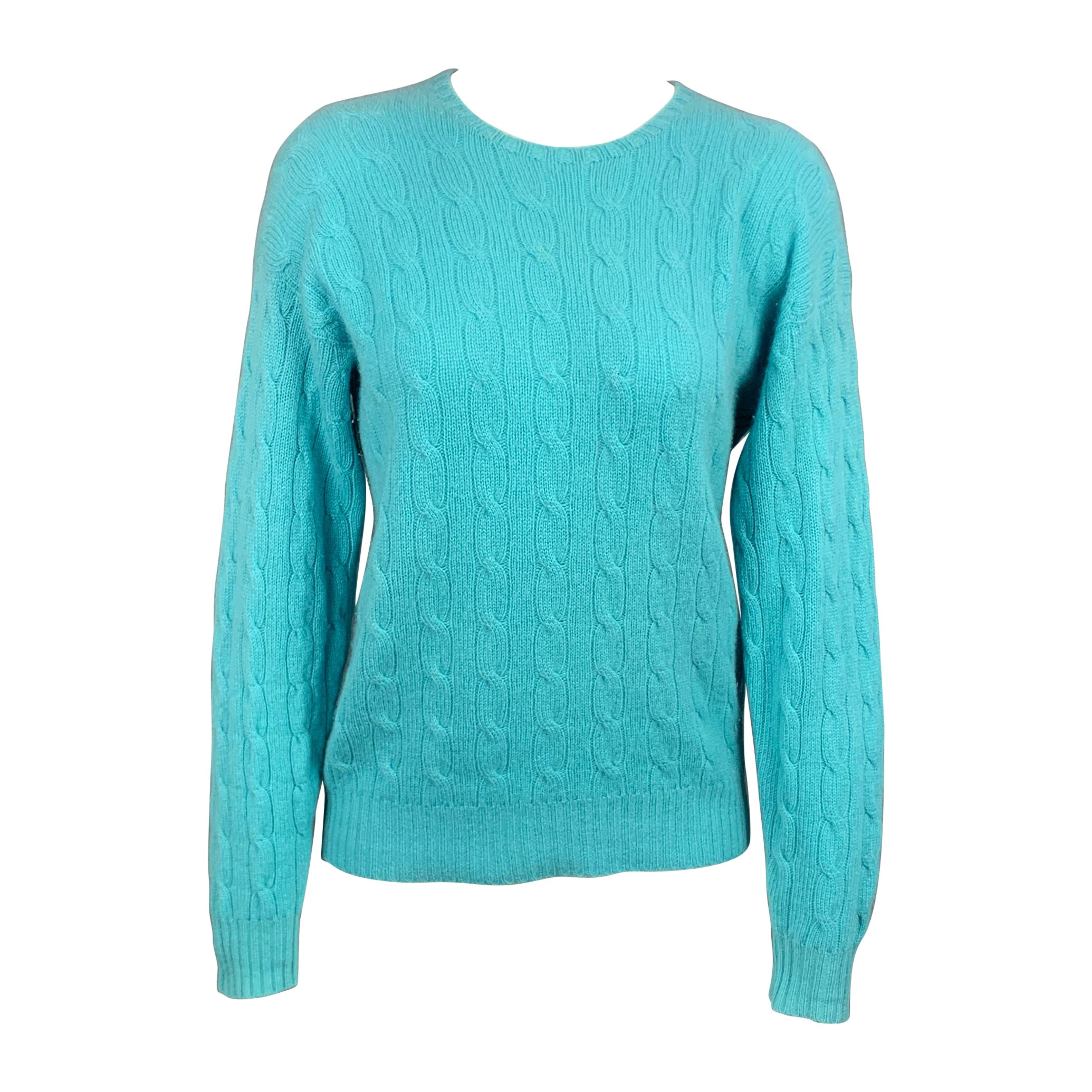 RALPH LAUREN Black Label Size S Aqua Cable Knit Cashmere Pullover For Sale  at 1stDibs