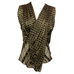 DEREK LAM Size 0 Black & Gold Windowpane Silk Draped V-neck Blouse