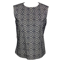 NOOY Size S Navy & White Embroidered Cotton A-line Sleeveless Blouse