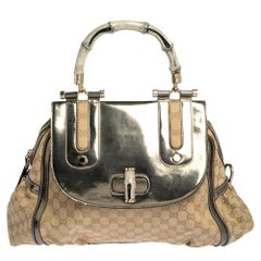 Gucci Beige/Grey Canvas and Leather Bamboo Satchel