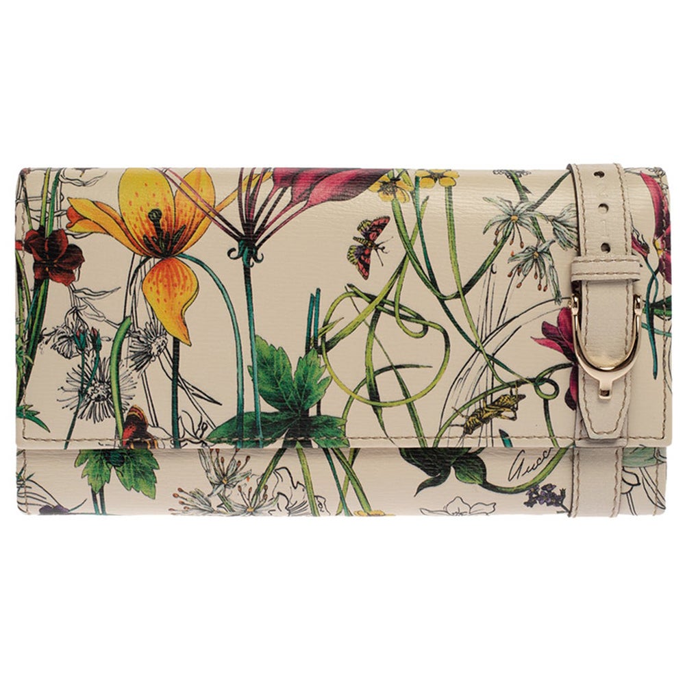 Gucci Off White Floral Print Leather Nice Continental Wallet