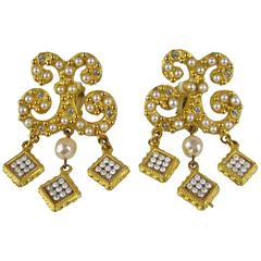 YOSCA Vintage Pearl Rhinestone Dangle Earrings 1990s Gold Never worn 4