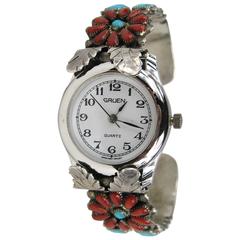 Pawn Native American Sterling Silver Petit Point Turquoise Coral Watch 6