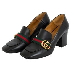Gucci Black Leather Peyton GG Web Detail Mid-Heel Loafer Pumps – It. 39, 2000s