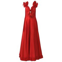 Oscar de la Renta Red Taffeta Ruffle Gown