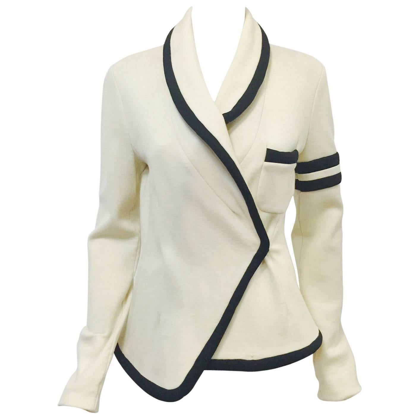 Balenciaga Fitted Ivory Wool Jersey Jacket With Shawl Collar and Black Trim 