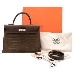 Hermes Matte Gris Elephante Alligator Kelly Retourne 35 PHW - Full Set