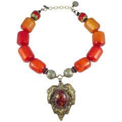 Magnificent Masha Archer Barrel Bead Necklace With Amber Heart Drop