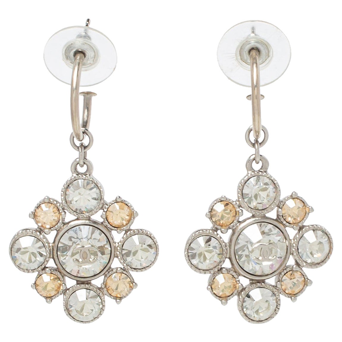 Chanel CC Floral Crystal Silver Tone Drop Earrings