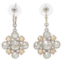 Chanel CC Floral Crystal Silver Tone Drop Earrings