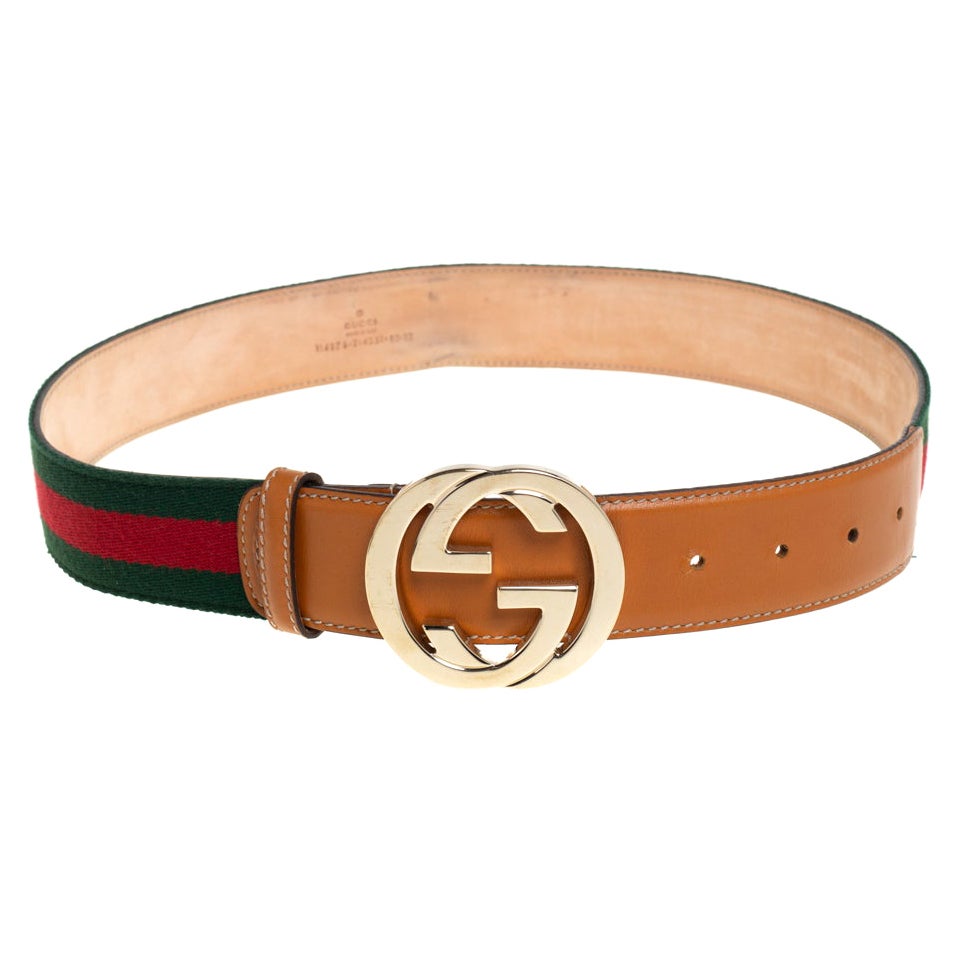 Gucci Tan/Green Canvas and Leather Web Interlocking G Buckle Belt 80CM For  Sale at 1stDibs