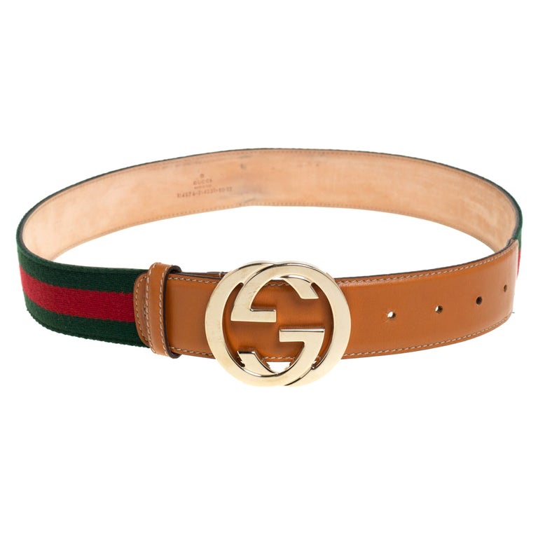 Gucci Tan/Green Canvas and Leather Web Interlocking G Buckle Belt 80CM For  Sale at 1stDibs | gucci belt