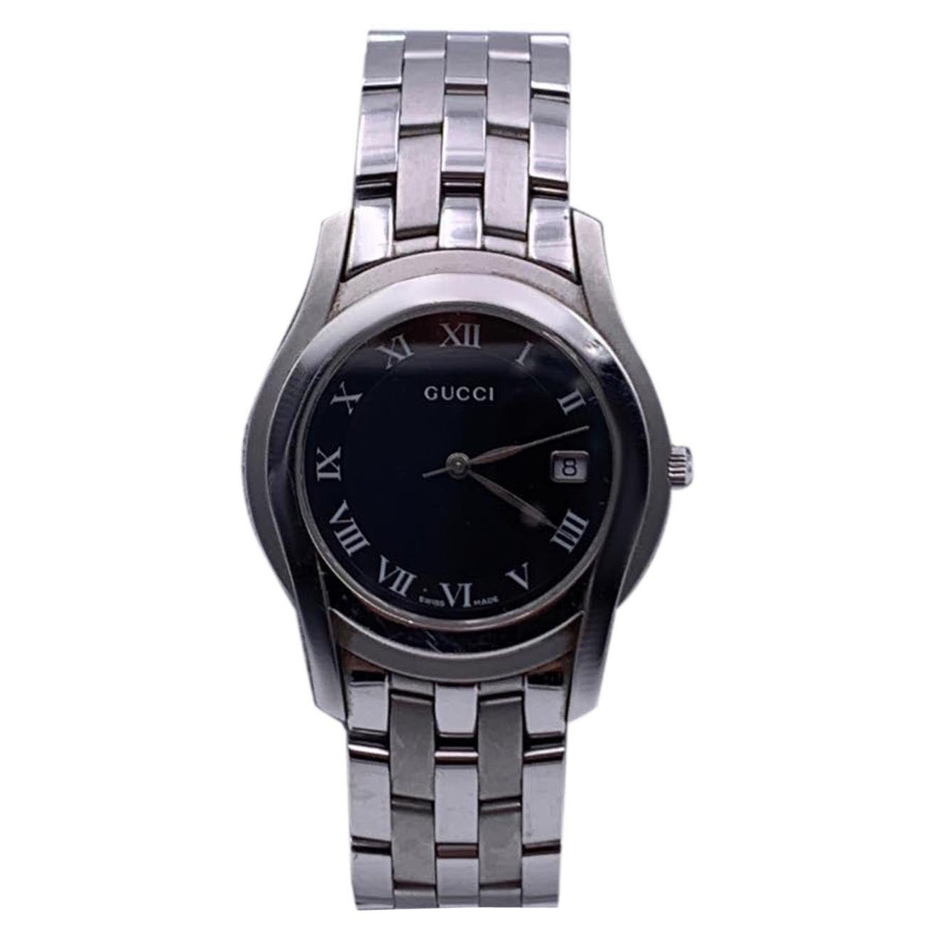 Gucci Silver Stainless Steel Mod 5500 M Wrist Watch Quartz Black Dial