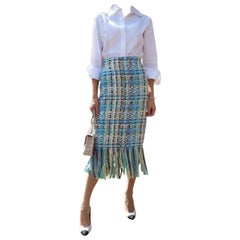 Chanel Blue Coco Cuba Lesage Tweed Fringe Skirt 