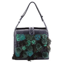 Nancy Gonzalez Pom Pom Shoulder Bag Crocodile with Fur and Applique Small