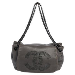 Chanel Grey Leather Studded CC Accordion Flap Bag