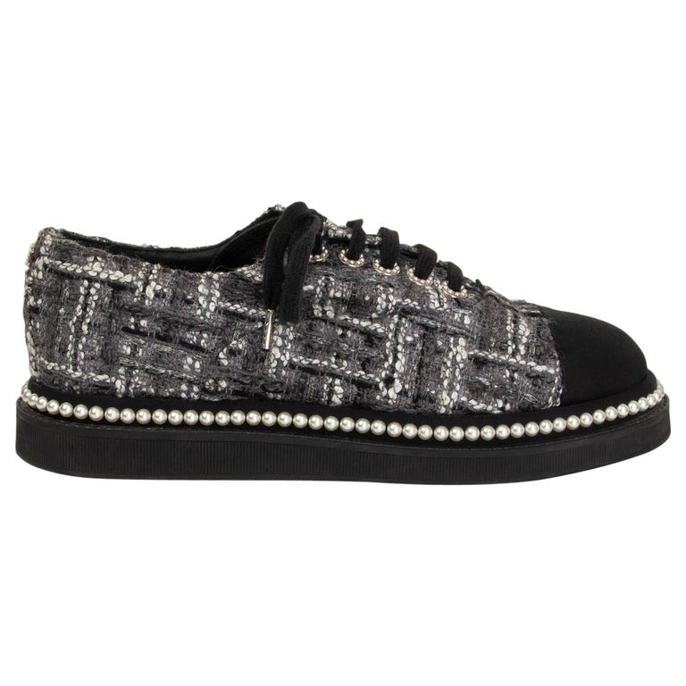 Chanel Sneakers Black White Tweed Crystal Pearl Trim Lace Up