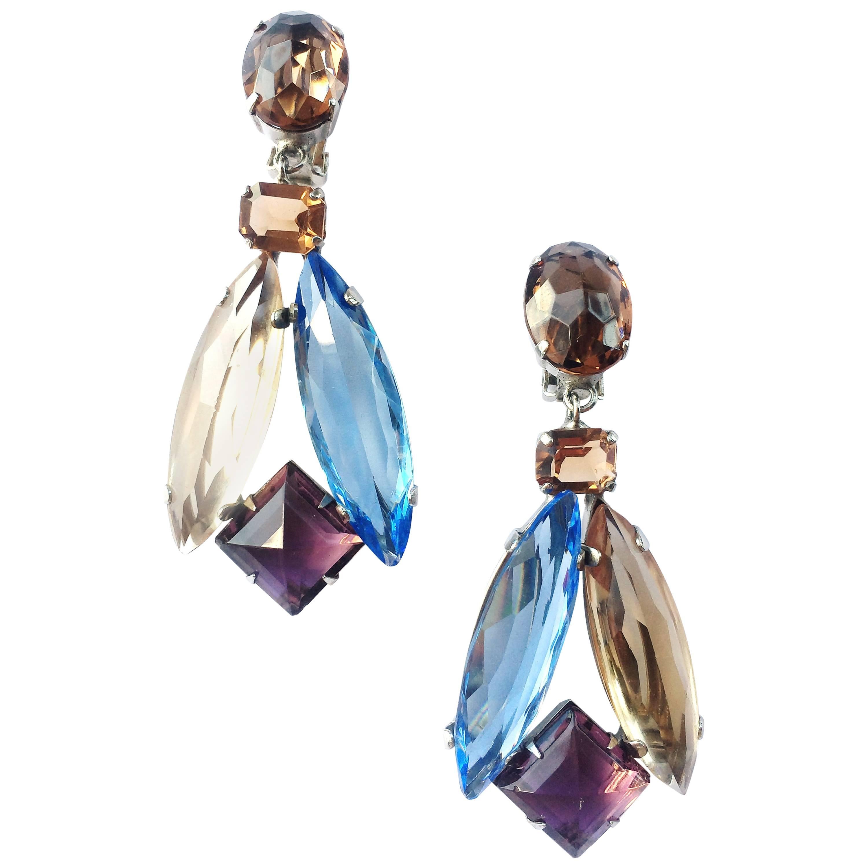 Schreiner of New York blue amethyst and smokey topaz drop earrings, 1960s