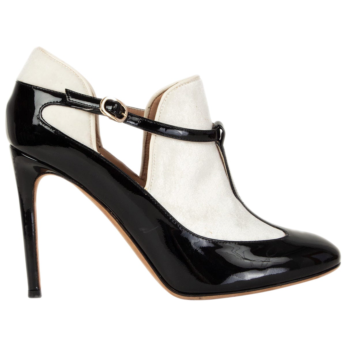 VALENTINO black patent leather & white VELVET T-BAR Pumps Shoes 37.5 For Sale