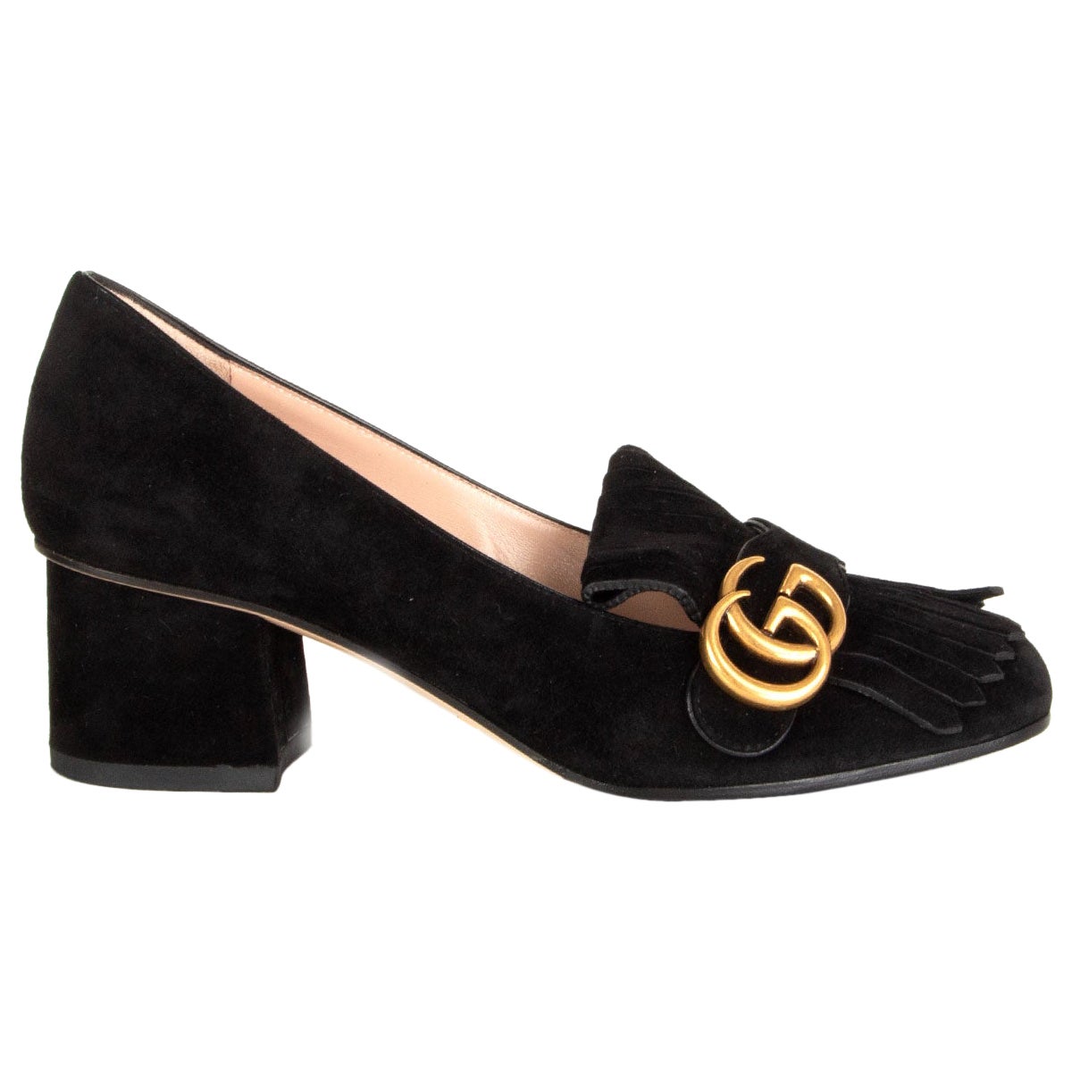 GUCCI black suede MARMONT FRINGED BLOCK HEEL Pumps Shoes 38