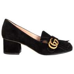 GUCCI daim noir MARMONT FRINGED BLOCK HEEL Chaussures à talon 38