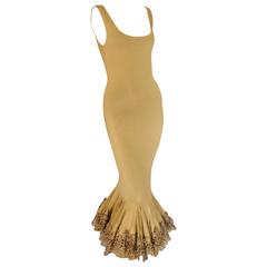 Vintage Roberto Cavalli Mermaid Dress Gown with Leather Ruffle Hem 1990s Size S