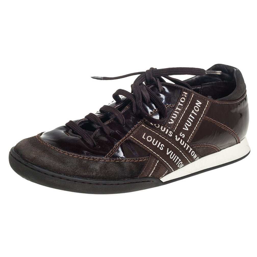 Louis Vuitton Brown Suede And Patent Leather Low Top Sneaker Size 39 For Sale
