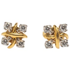 Tiffany & Co. Schlumberger Lynn Diamond Platinum 18K Yellow Gold Stud Earrings