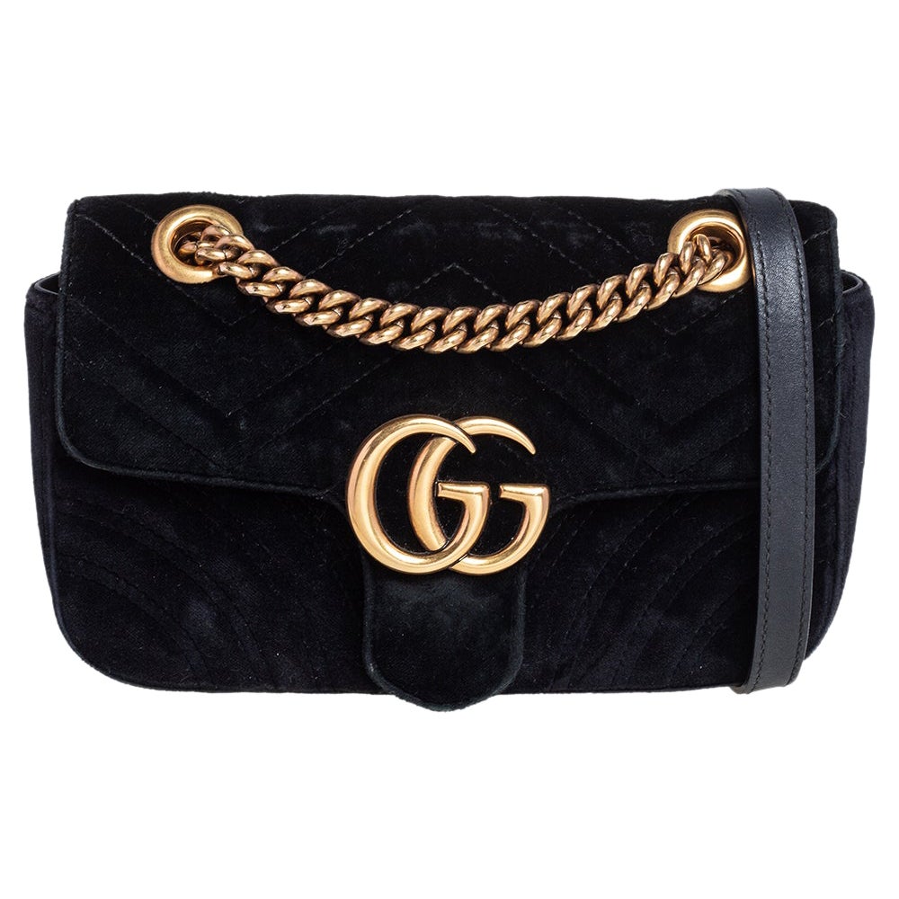 Gucci Black Matelassé Velvet Mini GG Marmont Shoulder Bag