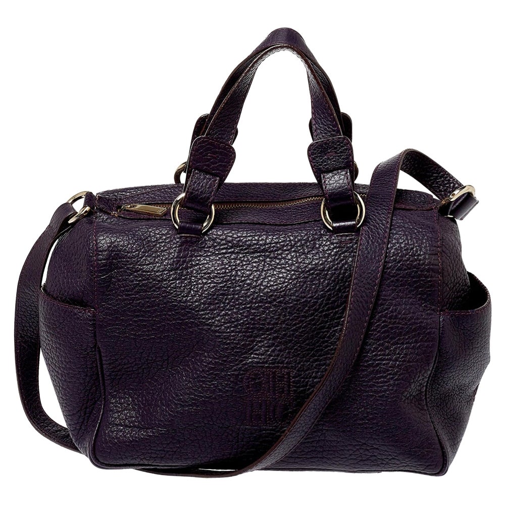 Carolina Herrera Dark Purple Grained Leather Boston Bag For Sale